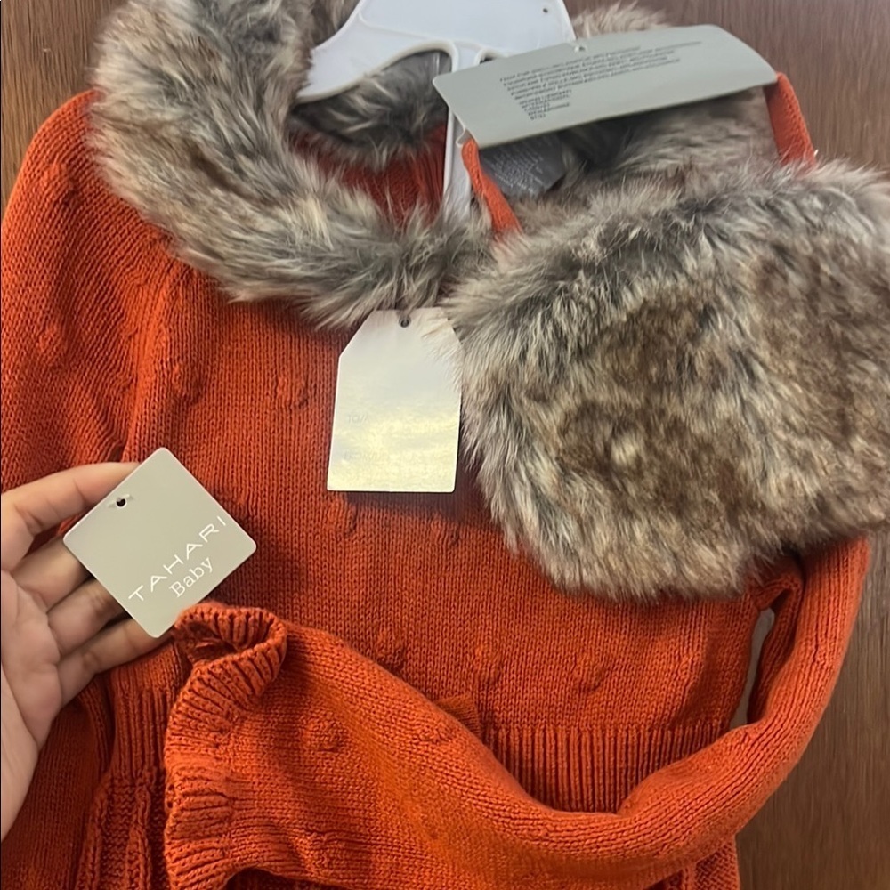 Tahari Orange Sweater with Faux Fur Collar